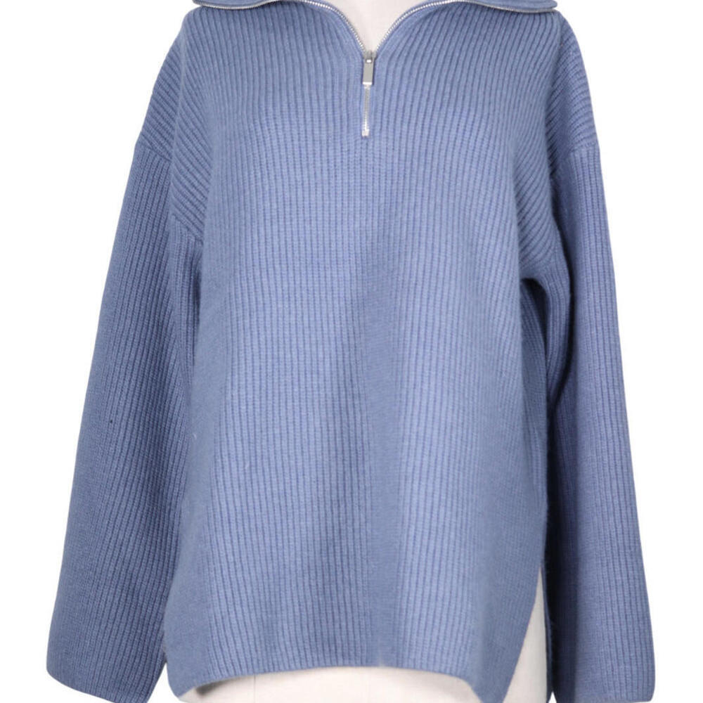 H&M Women Small Pigeon Blue Half Zip Rib Knit Sweater Wool Blend Relaxed Fit NWT - Picture 6 of 15